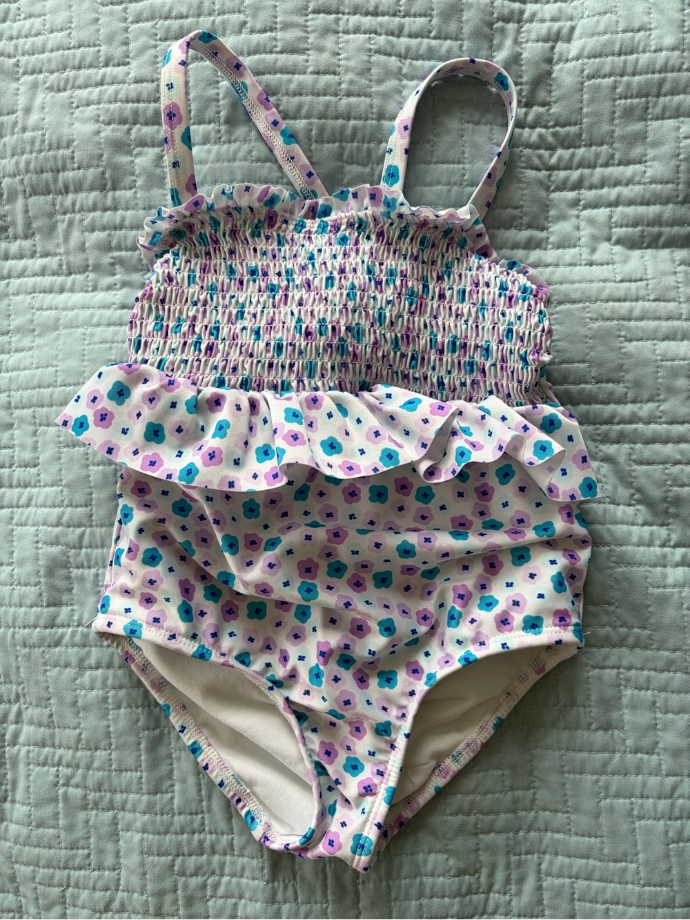 Cat & Jack girls one piece swimsuit white blue/purple floral print ruffles 5T